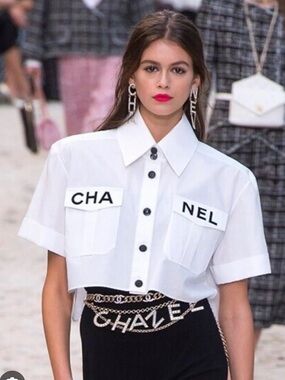 CHANEL 19P 19S LOGO WHITE CROP BLOUSE SHIRTS TOP FR38